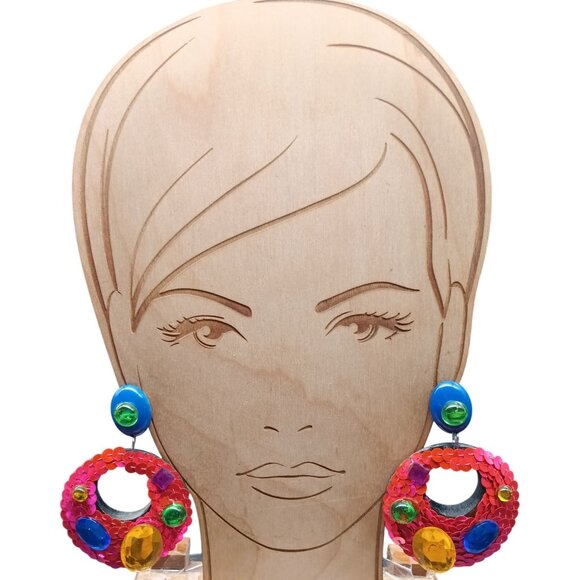 Vintage Oversized 80s Bold Hoop Dangle Earrings Hot Pink  Vintage Oversized 80s Bold Hoop Dangle Earrings Hot Pink Sequin & Gemstone State